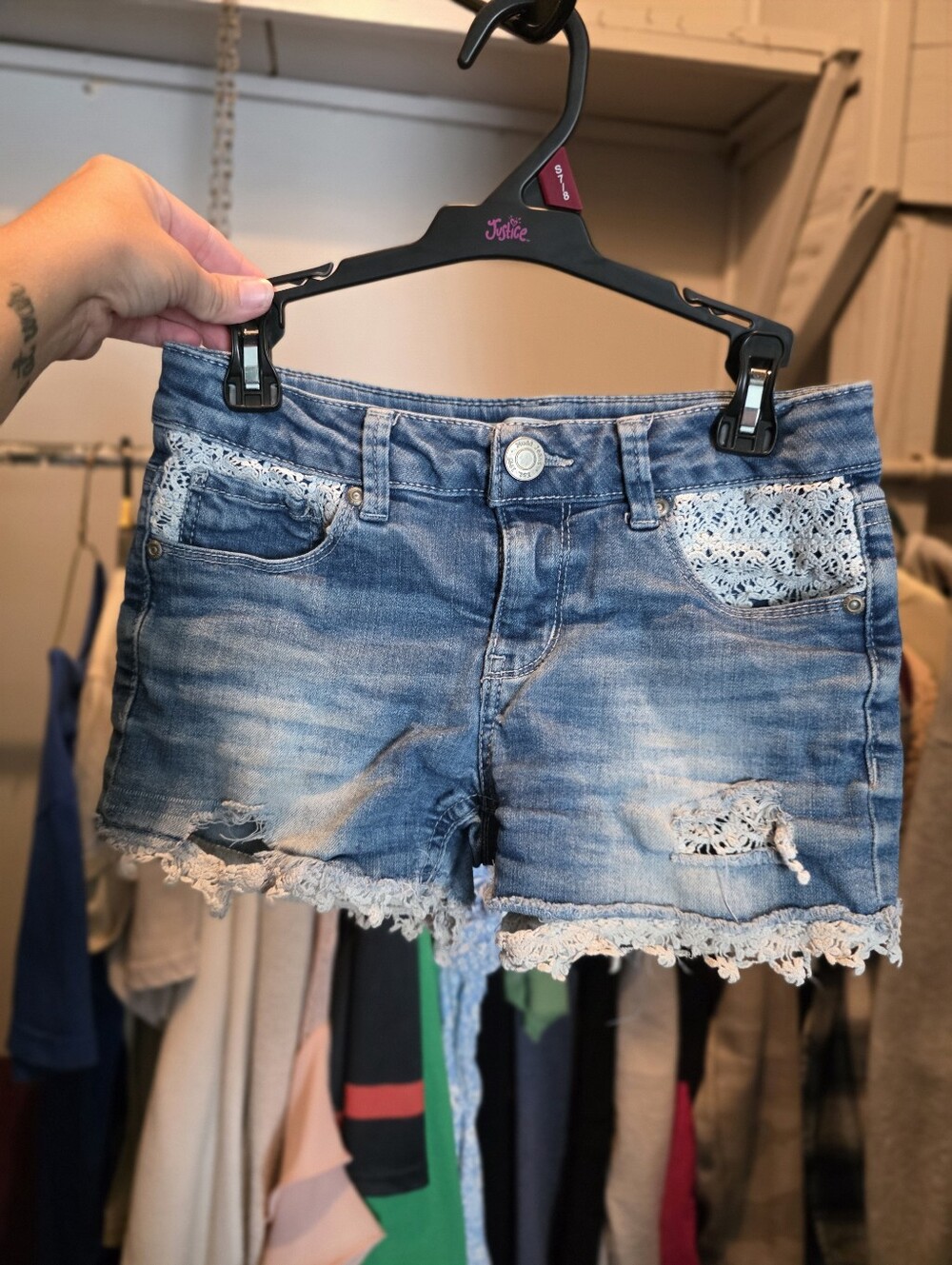 Mudd Girls Distressed Crocheted Denim Shorts
